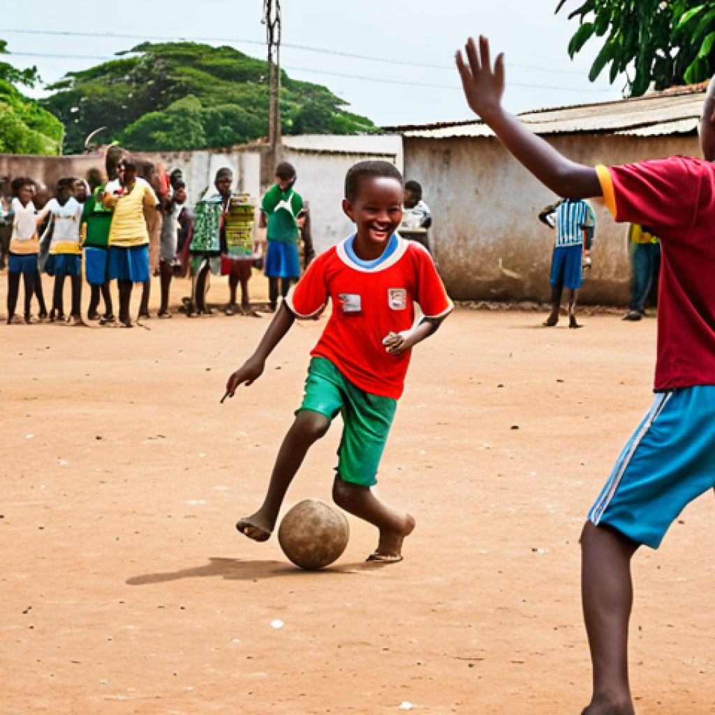 **A vibrant, bustling street scene in Maputo, Mozambique. Children of diverse backgrounds are joyfully playing football (soccer) with a worn ball on a dirt field. Energetic atmosphere with onlookers cheering.**