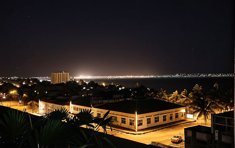 ** A nighttime scene in Maputo, Mozambique. The city is mostly dark, with only a few scattered lights visible in the distance. Focus on a hotel room with a window open to show the darkness and distant lights. Emphasize the feeling of heat and the sounds of the city.

**