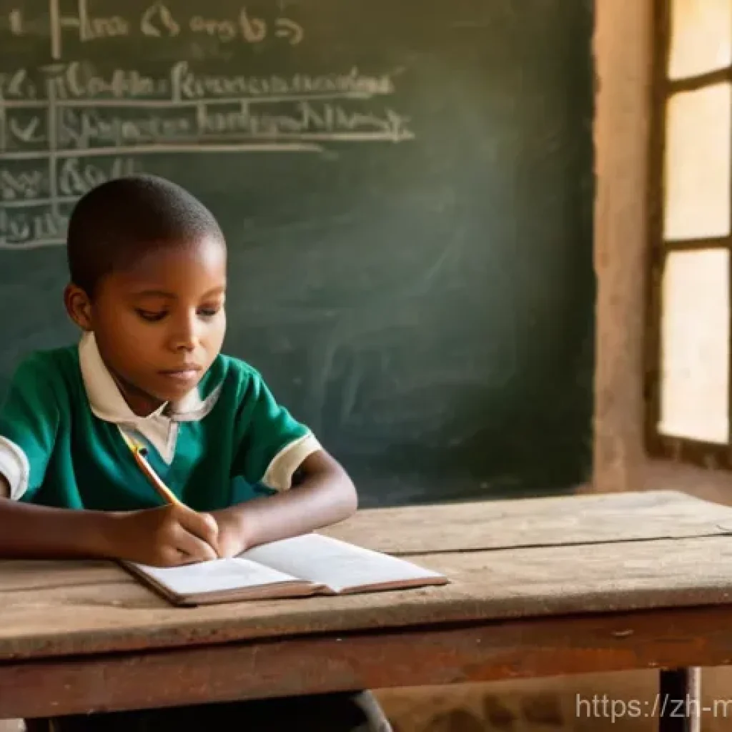 모잠비크의 교육 제도 - **Prompt:** "A 7-year-old Mozambican child, male or female, sits at a weathered wooden desk in a sim...