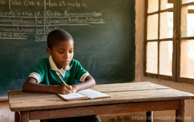 모잠비크의 교육 제도 - **Prompt:** "A 7-year-old Mozambican child, male or female, sits at a weathered wooden desk in a sim...