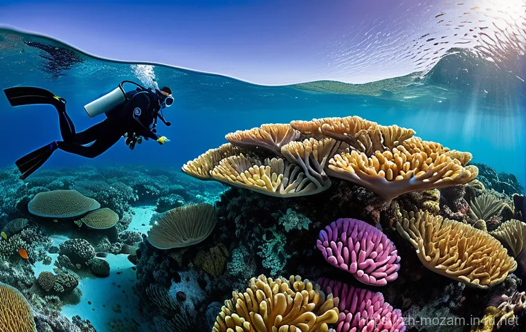 모잠비크의 해양 보호구역 - Prompt 1: Coral Reef Diver in Inhaca Island's Pristine Waters** 모잠비크의 해양 보호구역 - Prompt 1: Coral Reef Diver in Inhaca Island's Pristine Waters**