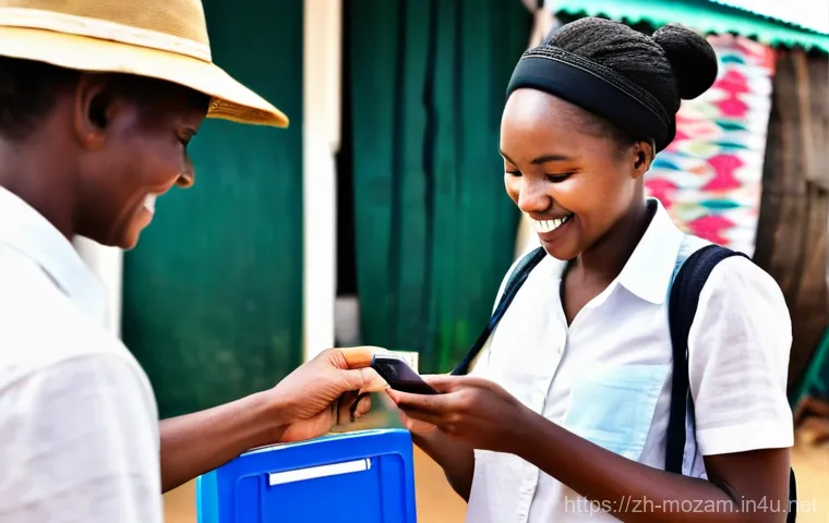 모잠비크에서 국제 전화 및 인터넷 사용법 - **Prompt:** A vibrant scene at a Mozambican airport or a bustling local market. A diverse young fema...