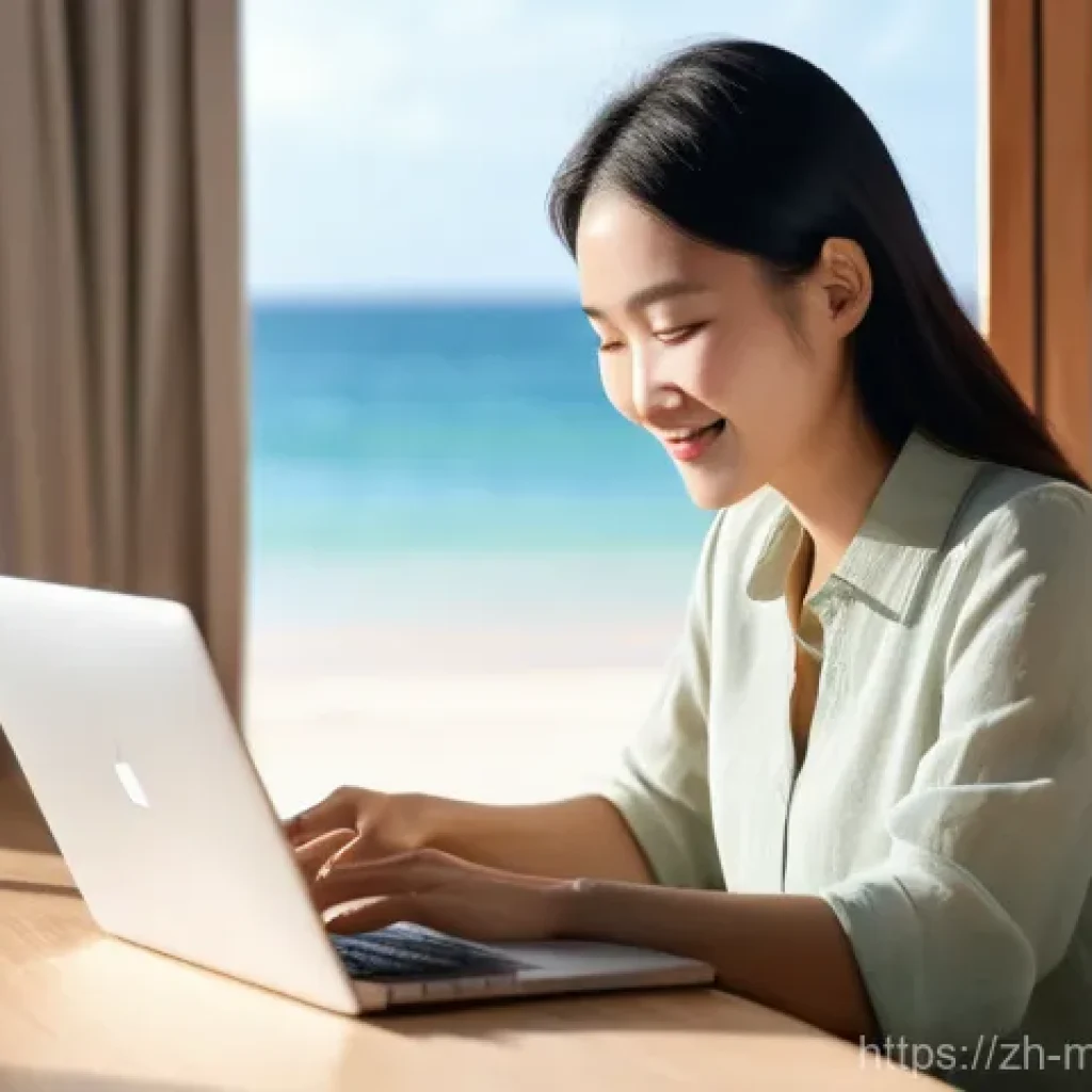 모잠비크 비자 발급 절차 - **Prompt:** A modern Chinese female traveler, mid-30s, with a warm smile, is comfortably seated at a...