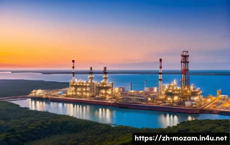 모잠비크 천연가스 산업 - A stunning panoramic view of a modern, bustling Liquefied Natural Gas (LNG) processing plant situate...