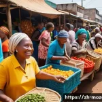 마푸투 역사 기행 - **A vibrant marketplace scene in Maputo, Mozambique.** Focus on the bustling atmosphere with vendors...