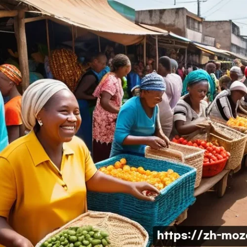 마푸투 역사 기행 - **A vibrant marketplace scene in Maputo, Mozambique.** Focus on the bustling atmosphere with vendors...