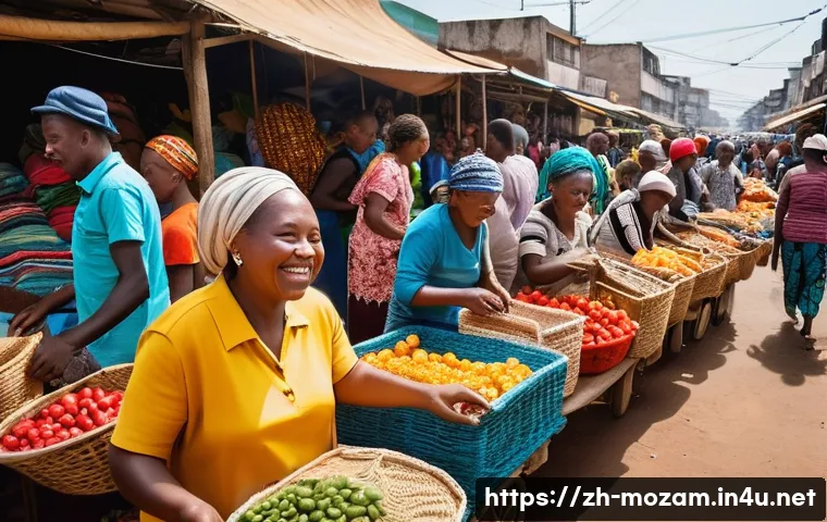 마푸투 역사 기행 - **A vibrant marketplace scene in Maputo, Mozambique.** Focus on the bustling atmosphere with vendors...